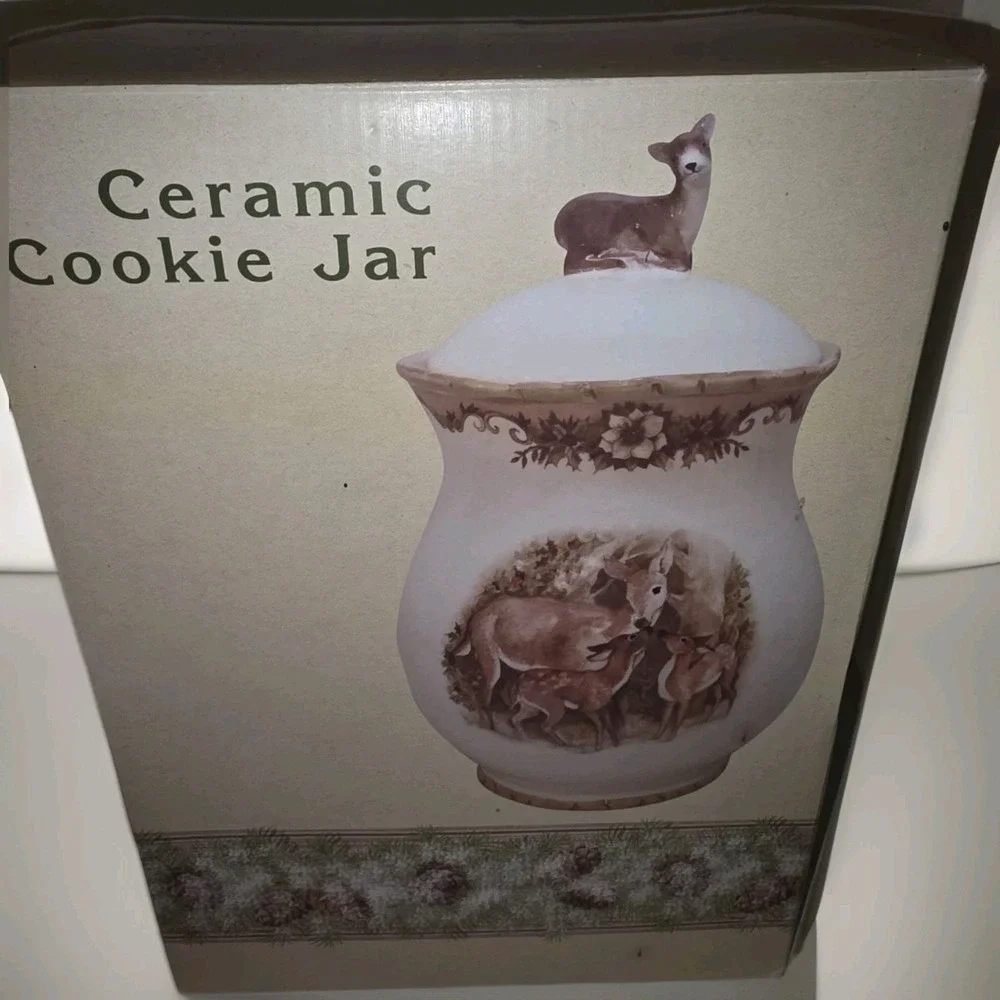 NEW! Cracker Barrel Ceramic Cookie Jar with Deer Lid 🦌 Pinecone Winter Scene. - Picture 6 of 9